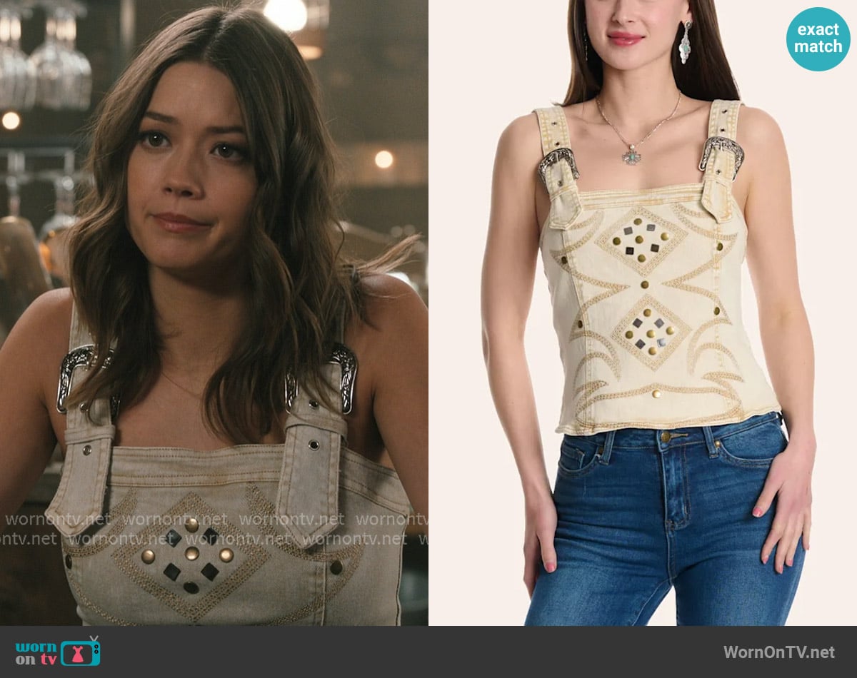 Blue B Ivory Boot Stitch Embroidered Denim Tank Top worn by Maddie (Morgan Lindholm) on Marshals
