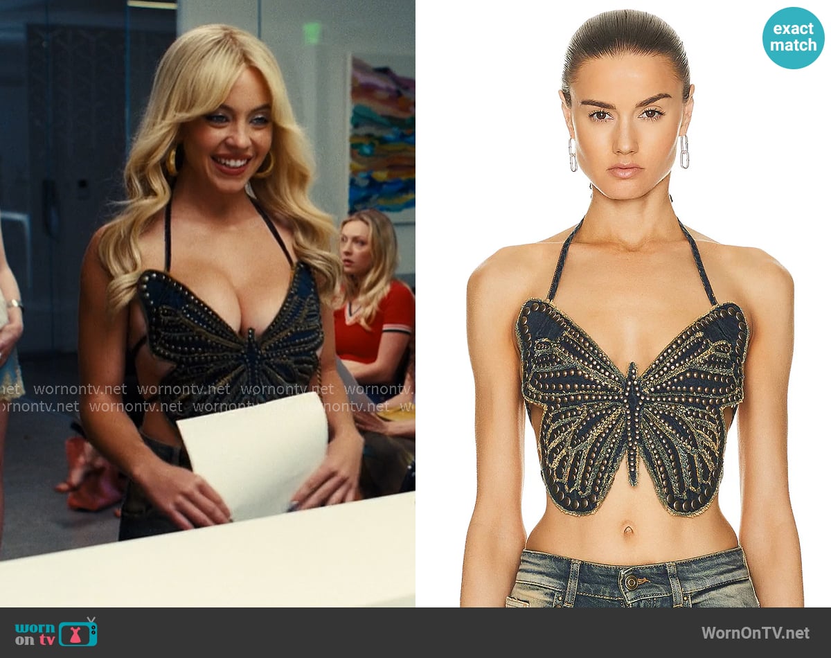 Blumarine Butterfly Top in Peacoat & Warm Sand worn by Cassie Howard (Sydney Sweeney) on Euphoria