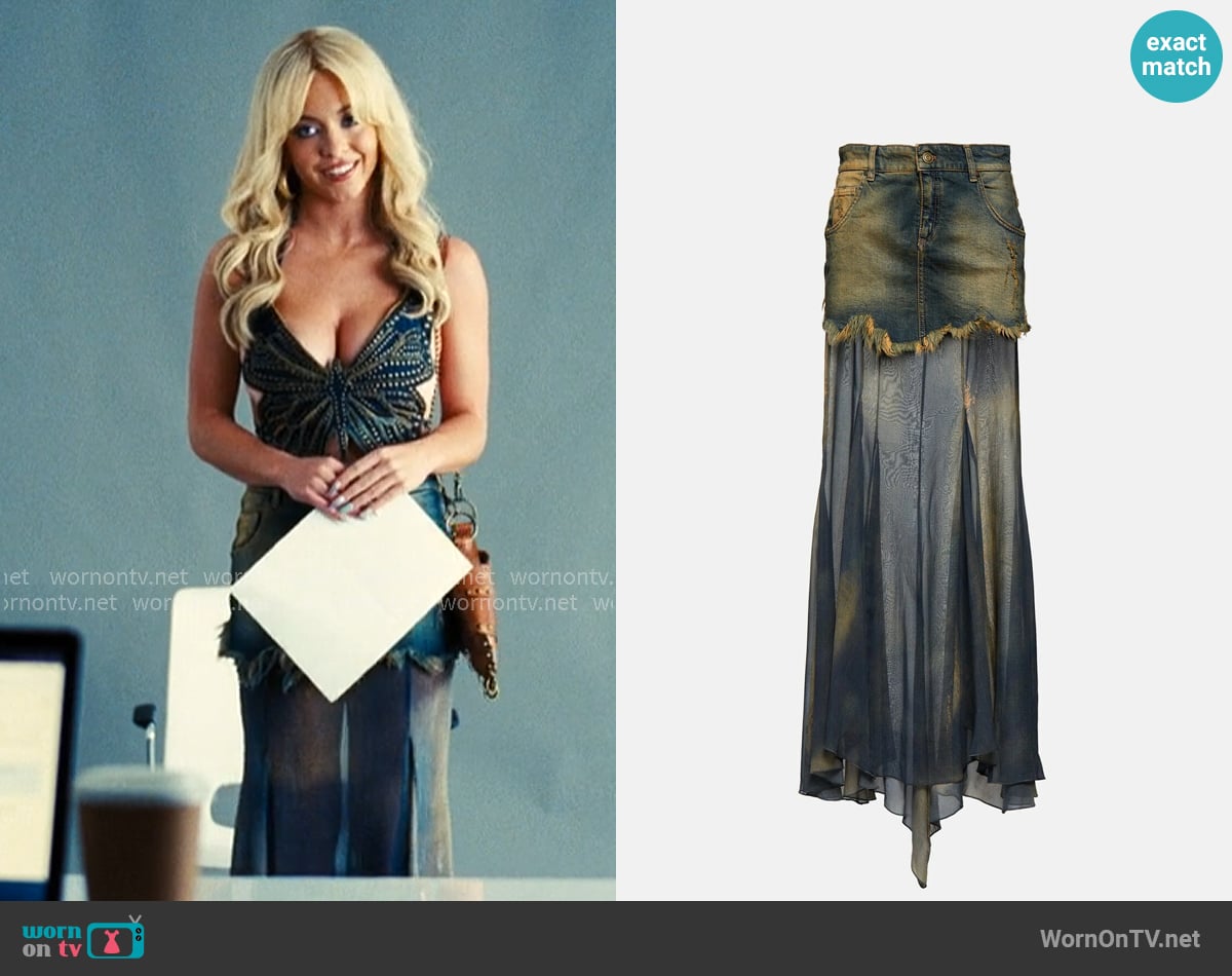 Blumarine Denim and silk chiffon maxi skirt worn by Cassie Howard (Sydney Sweeney) on Euphoria