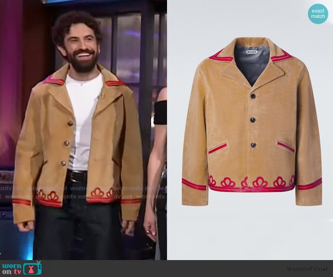 Bode Trefoil leather-trimmed suede jacket worn by Brandon Uranowitz on The Kelly Clarkson Show