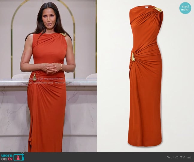 Bottega Veneta Drop Detail Gathered Matte Crepe Jersey Maxi Dress in Cognac worn by Padma Lakshmi on Americas Culinary Cup