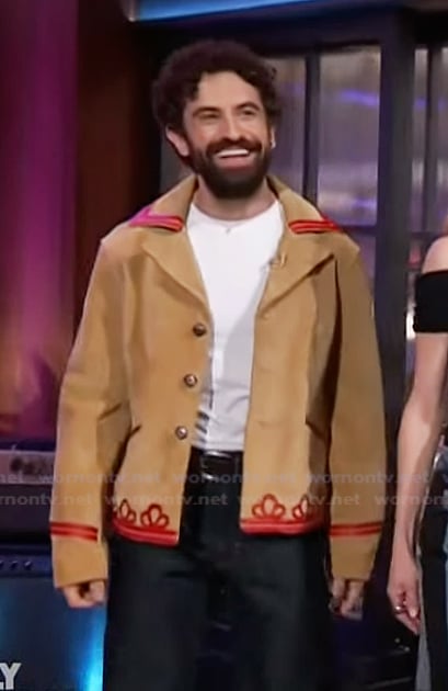 Brandon Uranowitz’s suede embroidered jacket on The Kelly Clarkson Show