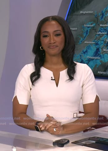 Brittany’s white buckle waist dress on Good Morning America