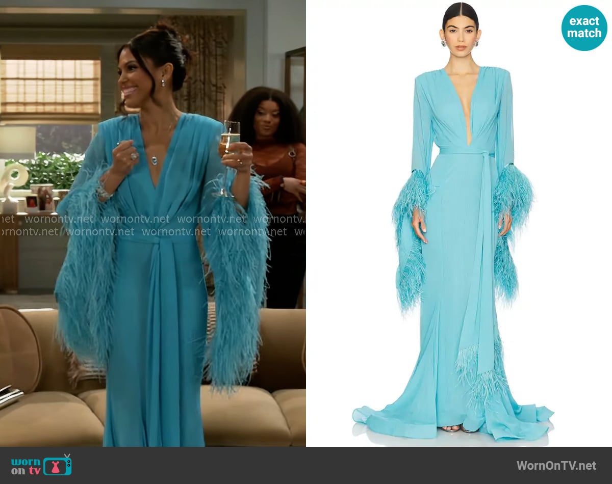 Bronx and Banco Geisha V Neck Gown in Teal worn by Dani Dupree (Karla Mosley) on Beyond the Gates