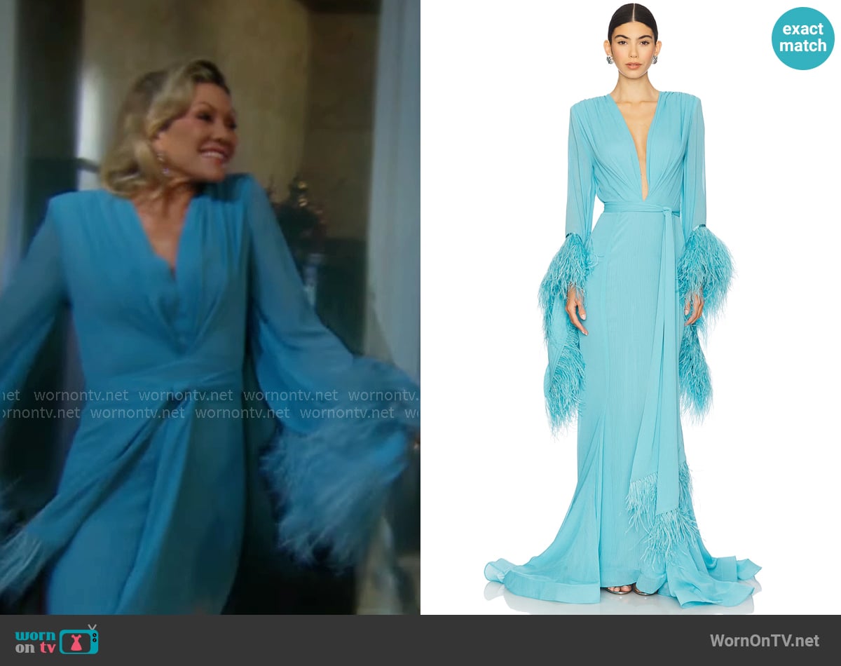 Bronx and Banco Geisha V Neck Gown in Teal worn by Patty Williams (Stacy Haiduk) on The Young and the Restless