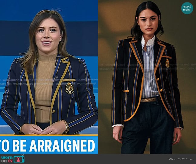 Brooks Brothers Wool Blend Striped School Blazer in Navy worn by Chloe Melas on Today