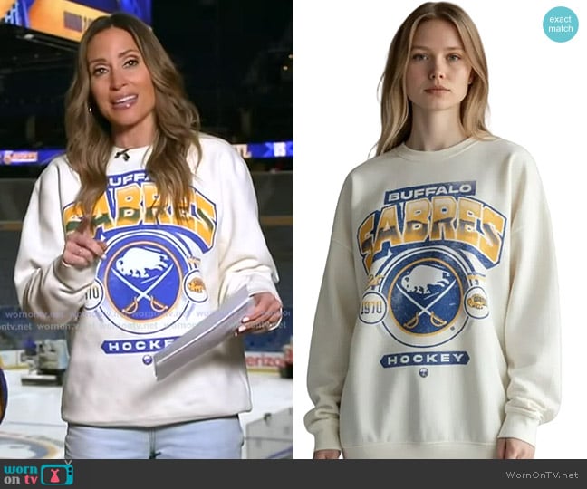 Buffalo Proshop Buffalo Sabres Wild Collective Unisex Crewneck in Vintage White worn by Rhiannon Ally on Good Morning America