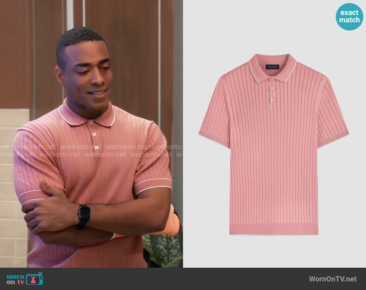 Bugatchi Rib Stitch Short Sleeve Polo Sweater in Dusty Pink worn by Isaiah Gannon (Sawandi Wilson) on General Hospital