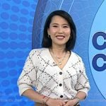 Vicky’s white stitched cardigan and fringed wrap skirt on Today