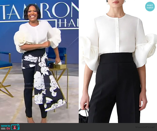 Carolina Herrera Silk Gazar Rosette-Sleeve Button-Front Blouse worn by Tamron Hall on Tamron Hall Show