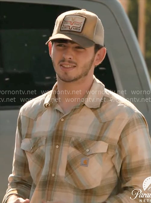 Carter’s beige plaid shirt on Dutton Ranch