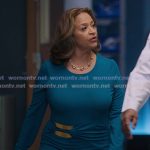 Catherine’s teal long sleeve sheath dress on Greys Anatomy