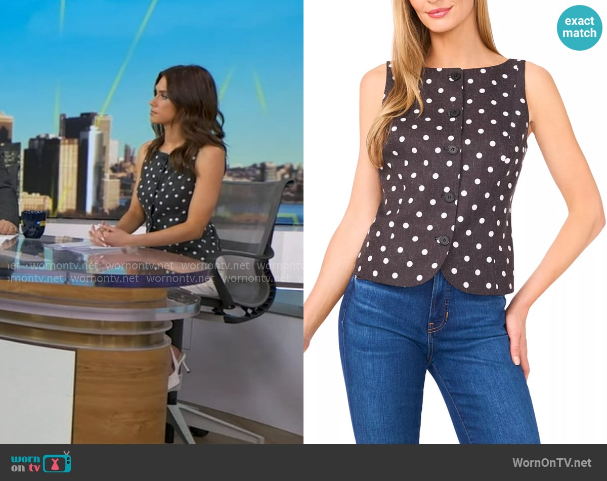 Cece Boat-Neck Button-Down Polka Dot Top worn by Sophie Flay on Good Morning America