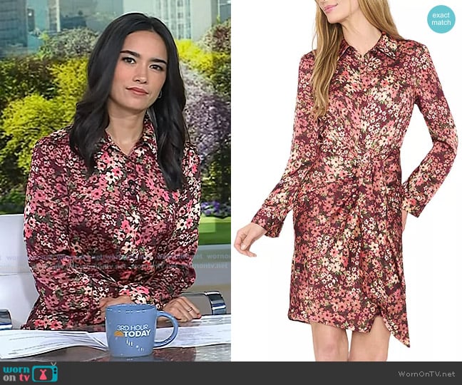 Cece Floral Print Tie Front Shirtdress in Fresh Berry worn by Emilie Ikeda on Today