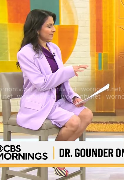 Celine Gounder’s lilac purple shorts suit on CBS Mornings