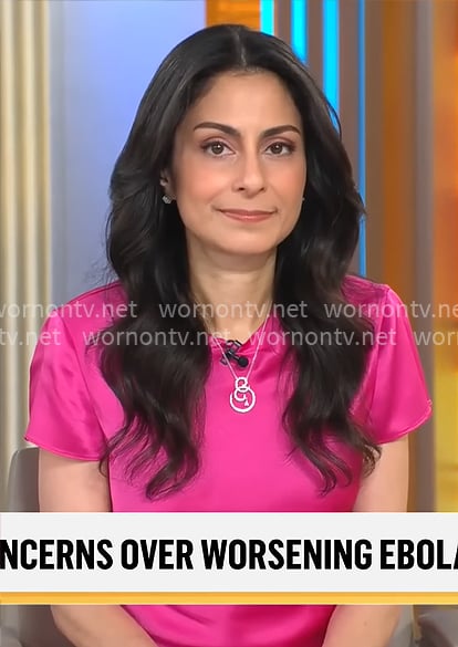 Celine Gounder’s pink satin midi dress on CBS Mornings