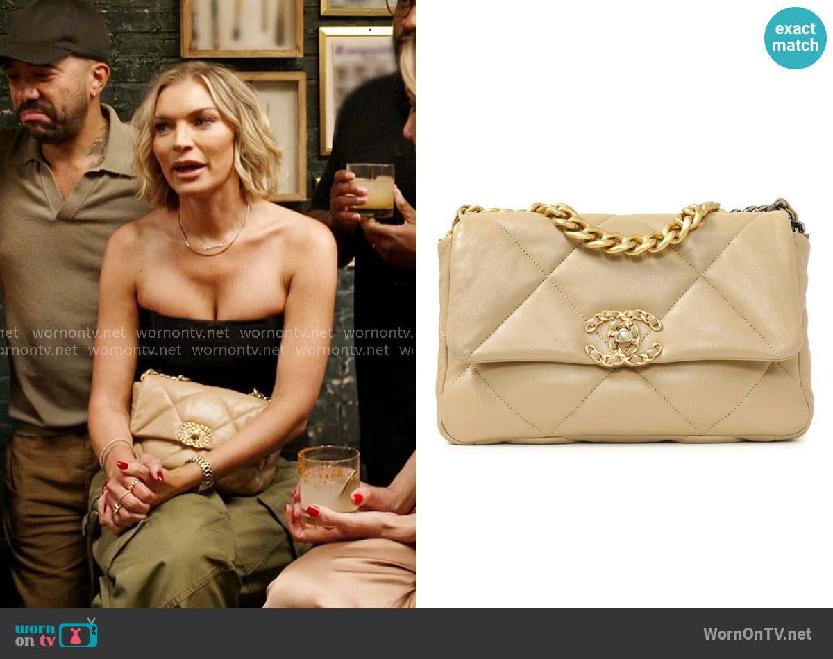 Chanel Goatskin Quilted Medium Chanel 19 Flap Bag in Dark Beige worn by Lindsay Hubbard on In The City