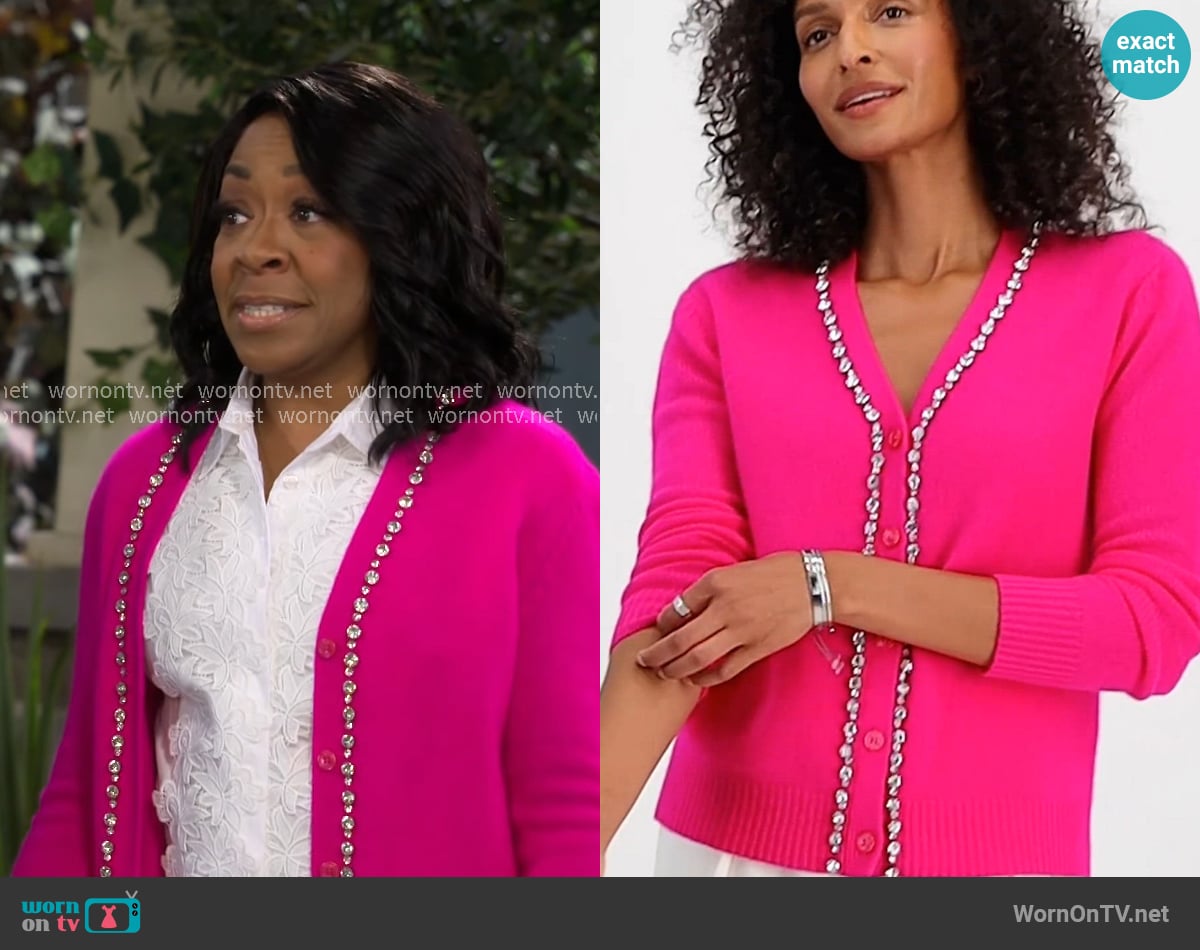 Charter Club V-Neck Rhinestone Cardigan worn by Tina Butler (Tichina Arnold) on The Neighborhood