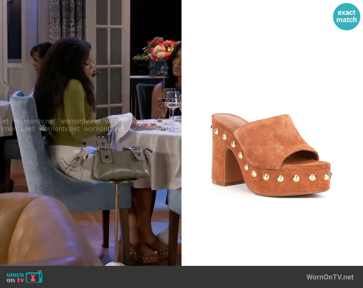 Chelsea & Violet Alliah Suede Studded Platform Sandals worn by Eva Thomas (Ambyr Michelle) on Beyond the Gates