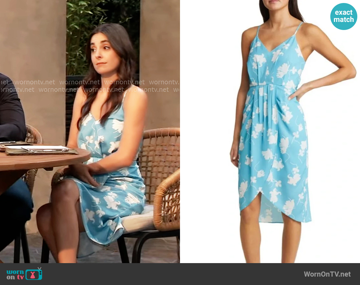 Chelsea28 Sleeveless Faux Wrap Dress in Teal White Falling Orchids worn by Molly Lansing-Davis (Kristen Vaganos) on General Hospital