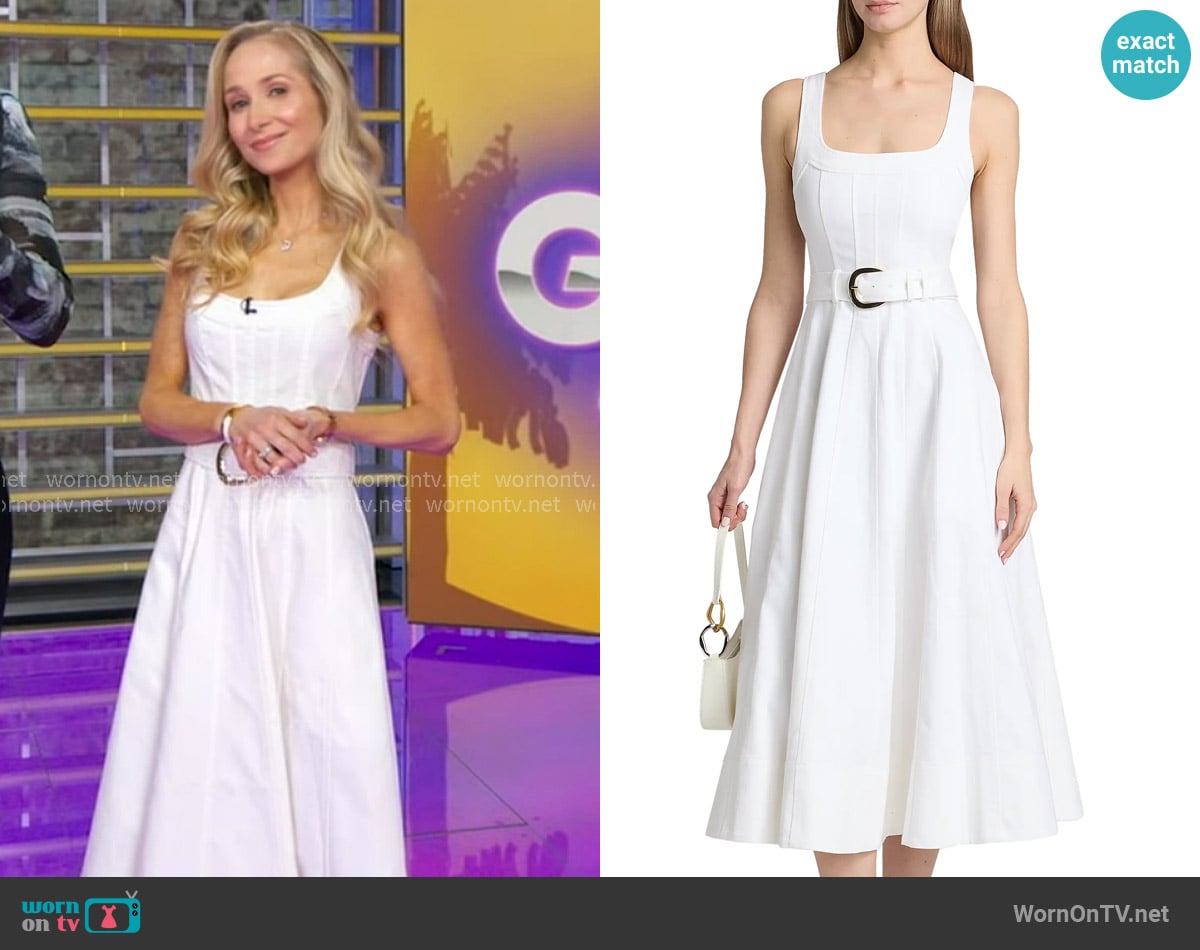 Cinq a Sept Cambree Belted Denim Midi-Dress in White worn by Dr. Whitney Bowe on Good Morning America