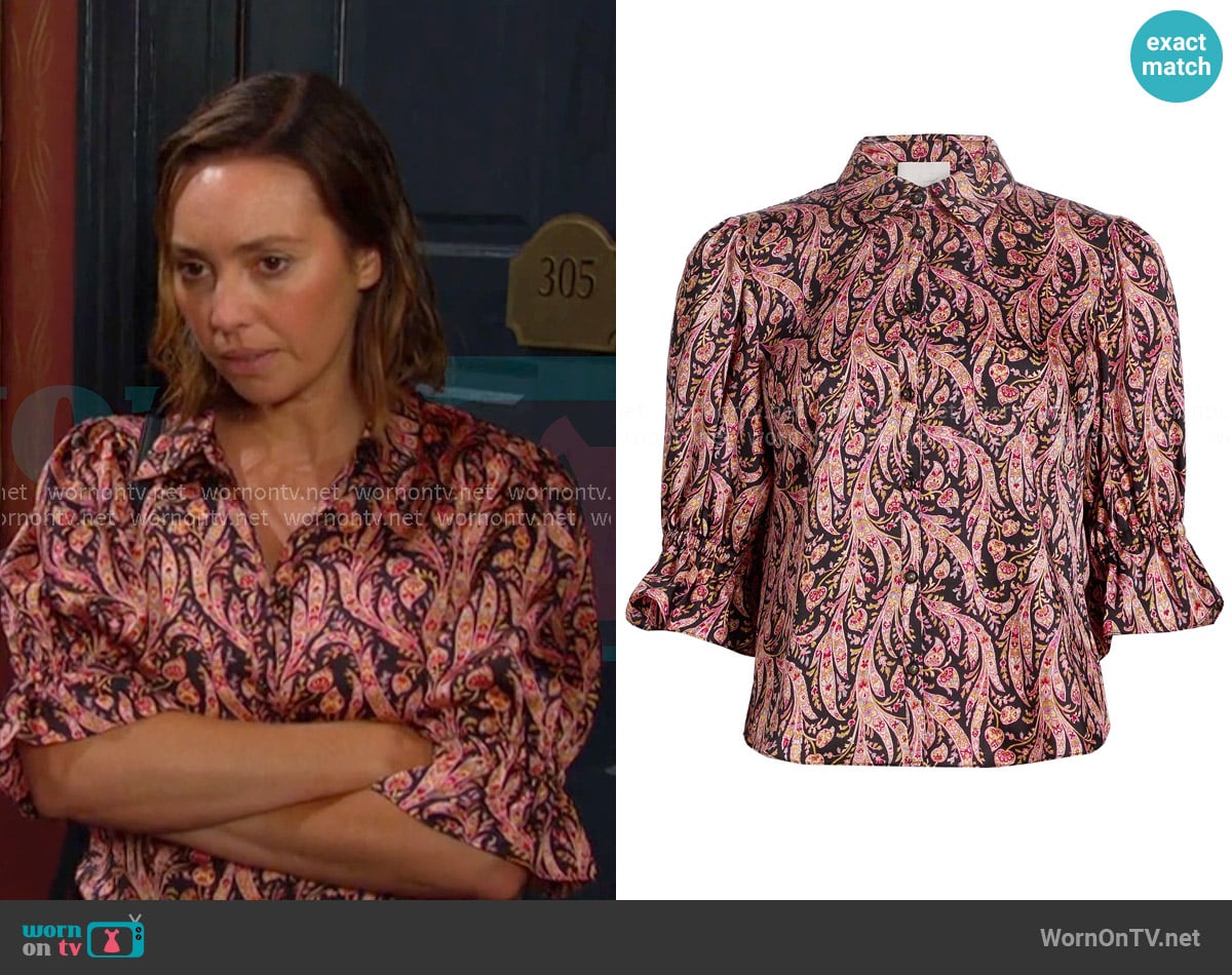 Cinq a Sept Fiona Charming Paisley Trumpet-Sleeve Top in Obsidian Multi worn by Gwen Rizczech (Emily O'Brien) on Days of our Lives