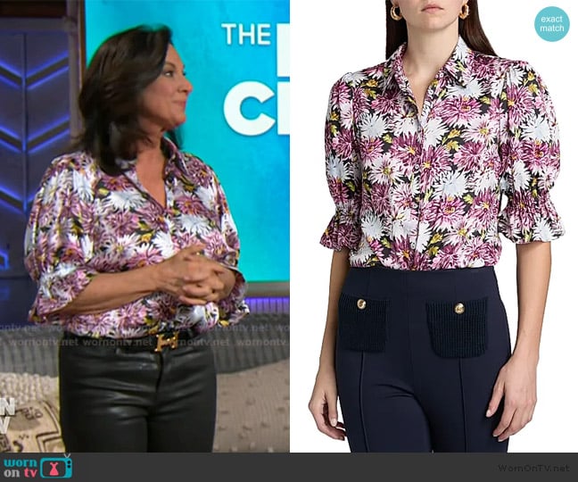 Cinq a Sept Fiona Floral Print Shirt worn by Emily Kaufman on The Kelly Clarkson Show