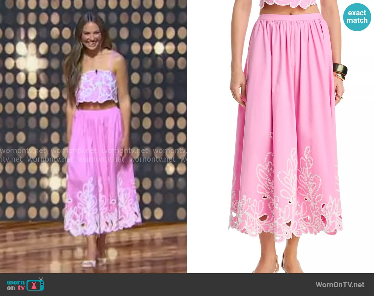 Cinq a Sept Paisley Bloom Embroidered Skirt worn by Hannah Brown on Tamron Hall Show