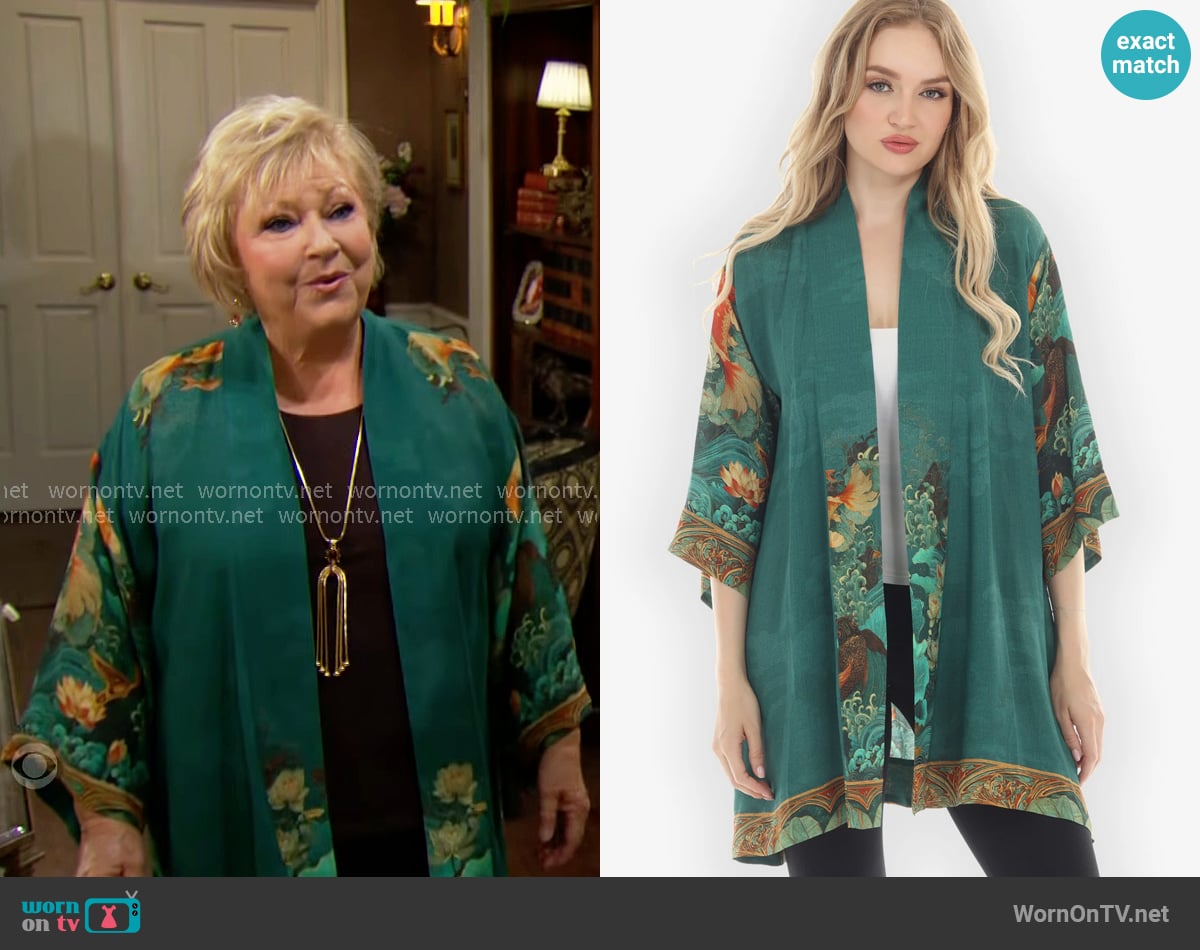 Citron Koi Fish Sea Wave Kimono Jacket worn by Traci Abbott (Beth Maitland) on The Young and the Restless