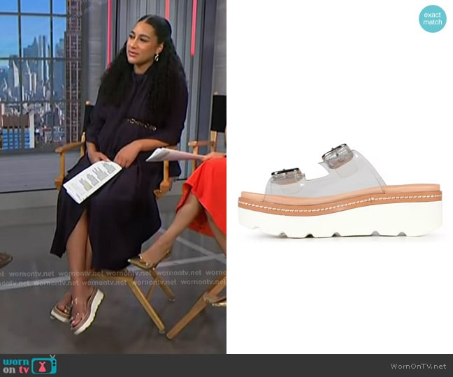 CL By Laundry Seraphine Wedges Sandals in Clear worn by Morgan Radford on NBC News Daily
