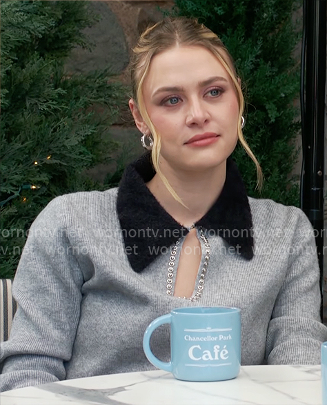 Claire’s grey sweater with embellished keyhole and collar on The Young and the Restless