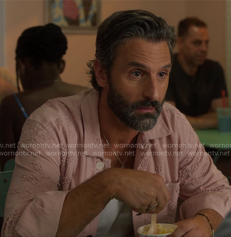 Claude’s pink textured shirt jacket on The Four Seasons
