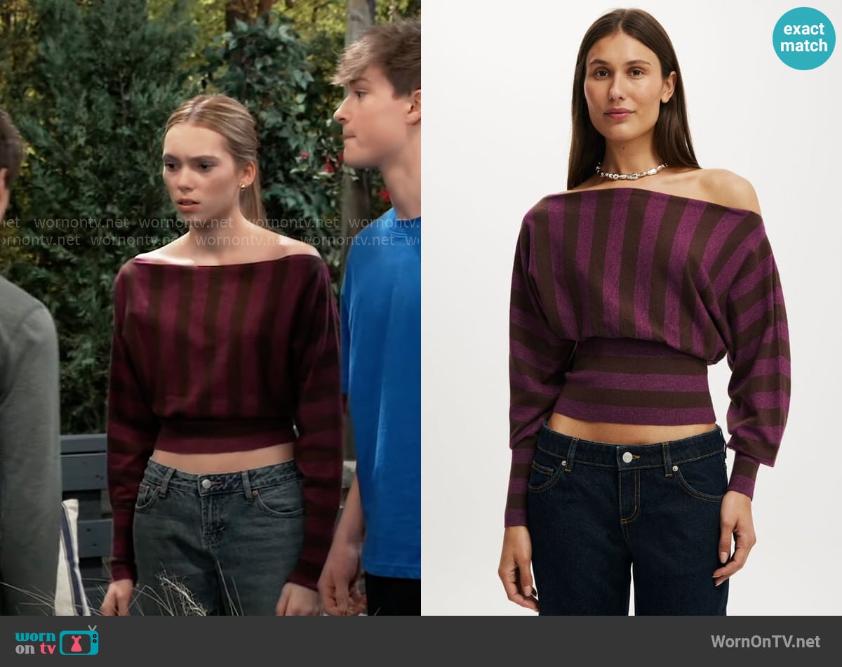 Cotton On Everfine Ls Batwing Knit in dark oak/blackberry stripe worn by Charlotte Cassadine (Bluesy Burke) on General Hospital