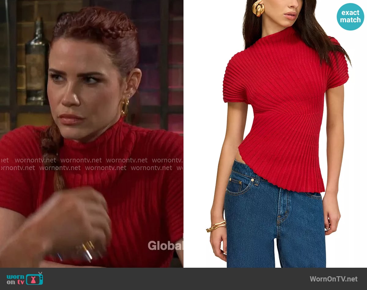 Cult Gaia Annemie Knit Top in Merlot worn by Sally Spectra (Courtney Hope) on The Young and the Restless