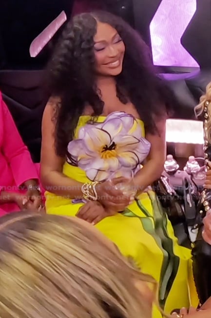 Cynthia’s yellow floral strapless dress on The Real Housewives of Atlanta