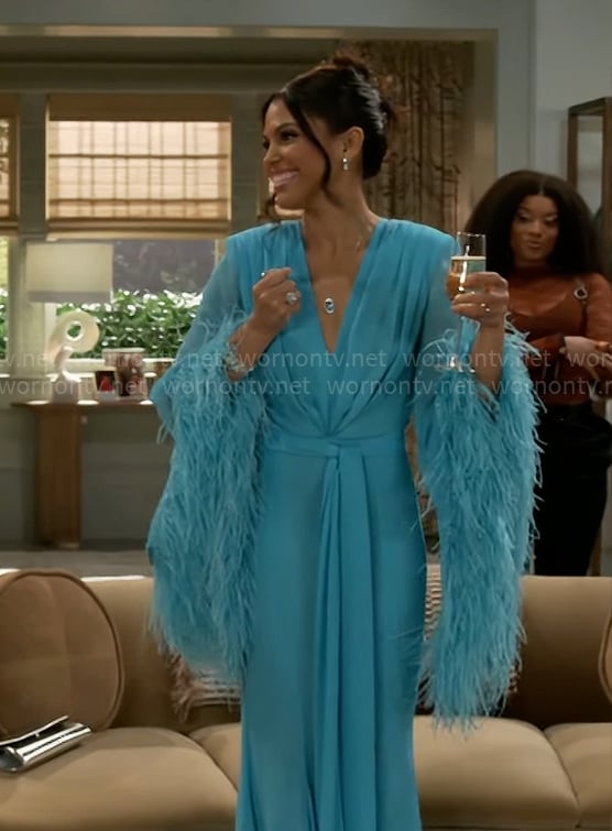 Dani’s blue feather trim dress on Beyond the Gates