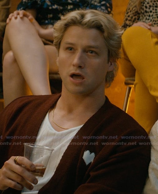 Dean’s burgundy heart logo cardigan on Off Campus