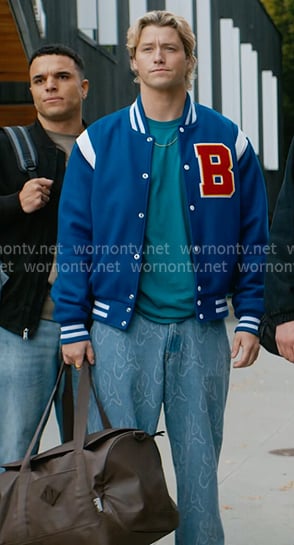 Dean’s print jeans and brown boston bag on Off Campus