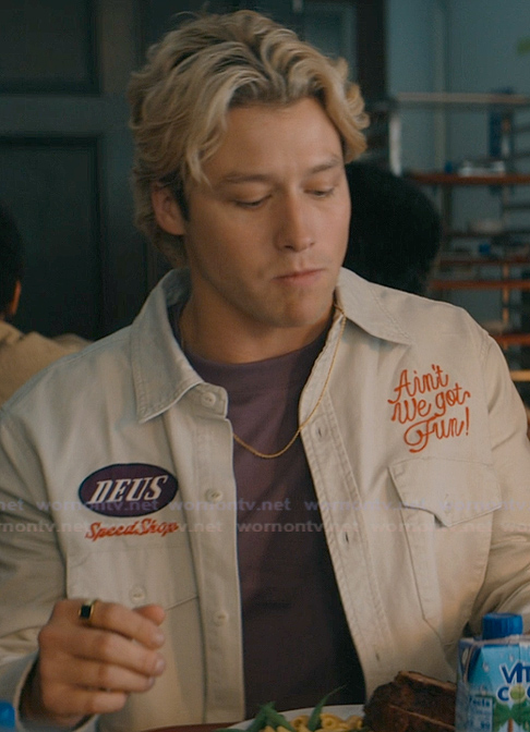 Dean’s white patch denim jacket on Off Campus