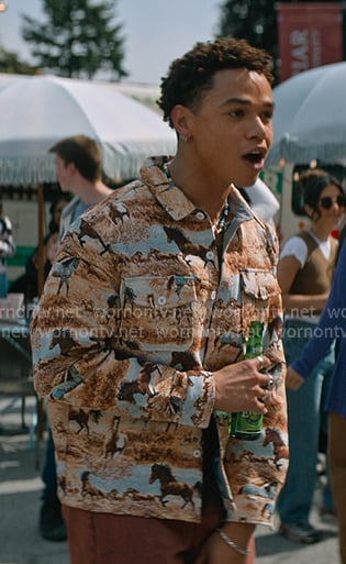 Dexter’s beige horse print jacket on Off Campus