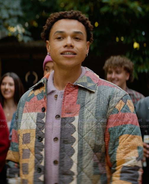 Dexter’s multicolored quilted jacket on Off Campus