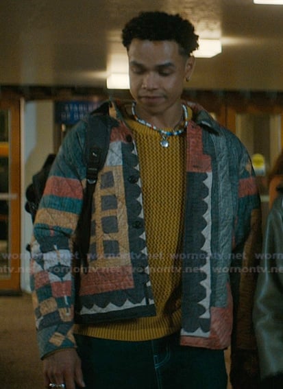 Dexter’s multicolored quilted jacket on Off Campus