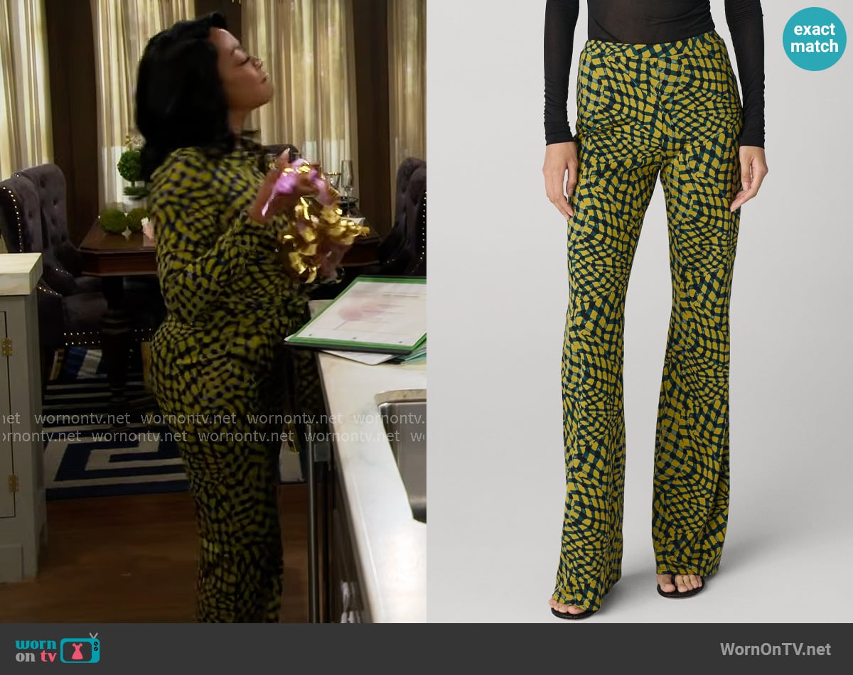Diane von Furstenberg Brooklynn Pants in Mini Floating Plaid Ecru worn by Tina Butler (Tichina Arnold) on The Neighborhood
