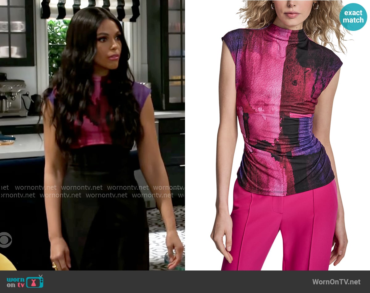 DKNY Cap Sleeve High Neck Printed Top worn by Dani Dupree (Karla Mosley) on Beyond the Gates