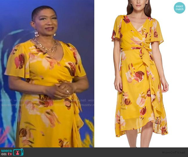 DKNY Flutter Sleeve Side Ruched Faux Wrap Dress worn by Deja Vu on Live with Kelly and Mark
