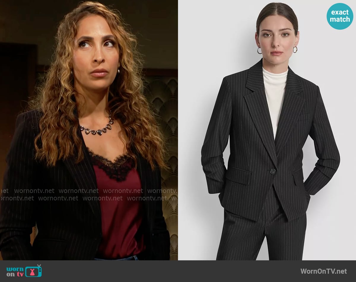 DKNY Pinstripe Ruched-Sleeve One-Button Blazer worn by Lily Winters (Christel Khalil) on The Young and the Restless