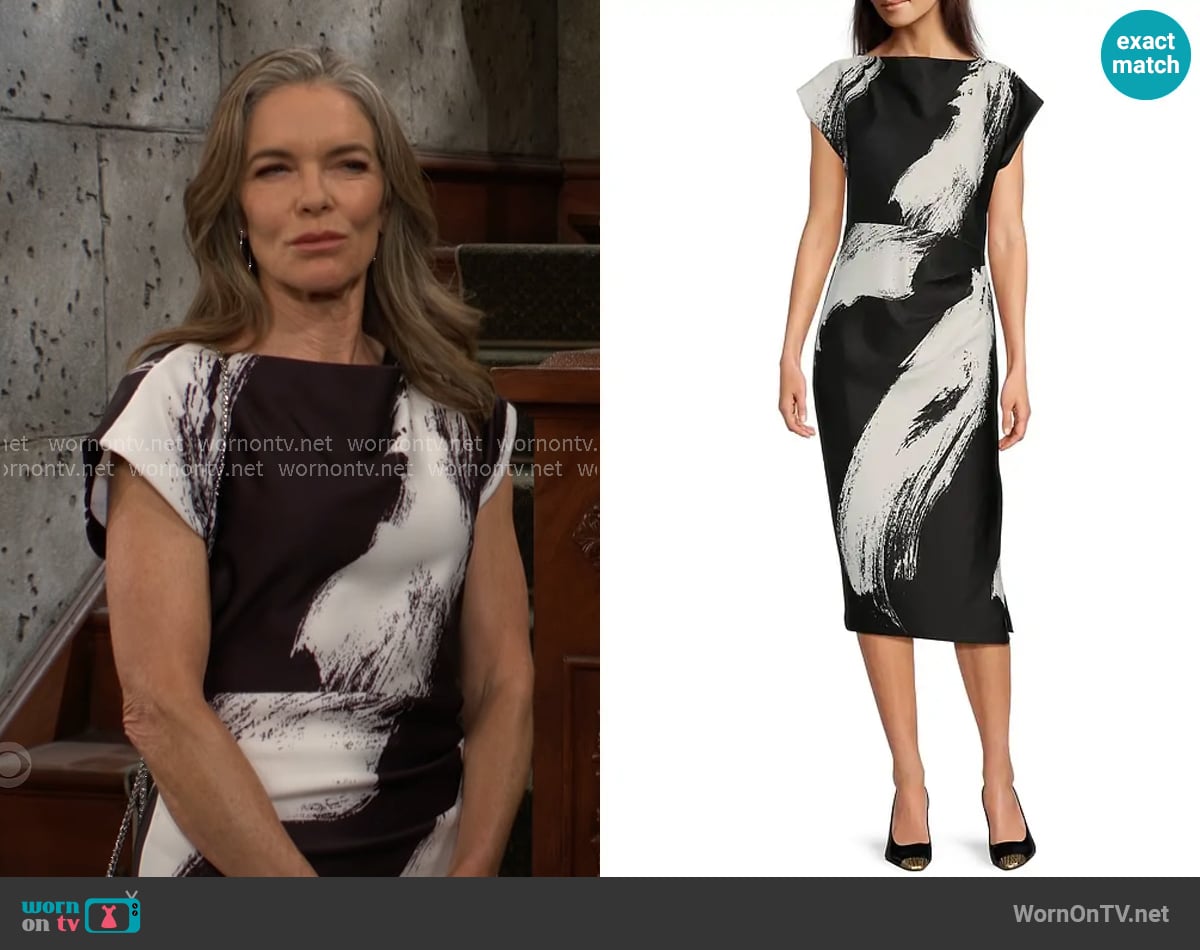 Donna Karan Boat Neck Short Sleeve Ruched Waist Scuba Midi Dress worn by Diane Jenkins (Susan Walters) on The Young and the Restless