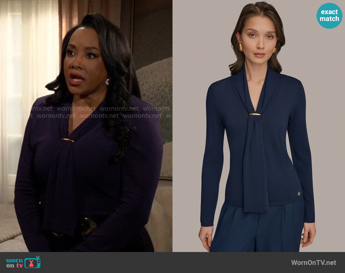 Donna Karan Draped Scarf Sweater in Nightfall worn by Stephanie (Vivica A. Fox) on The Young and the Restless