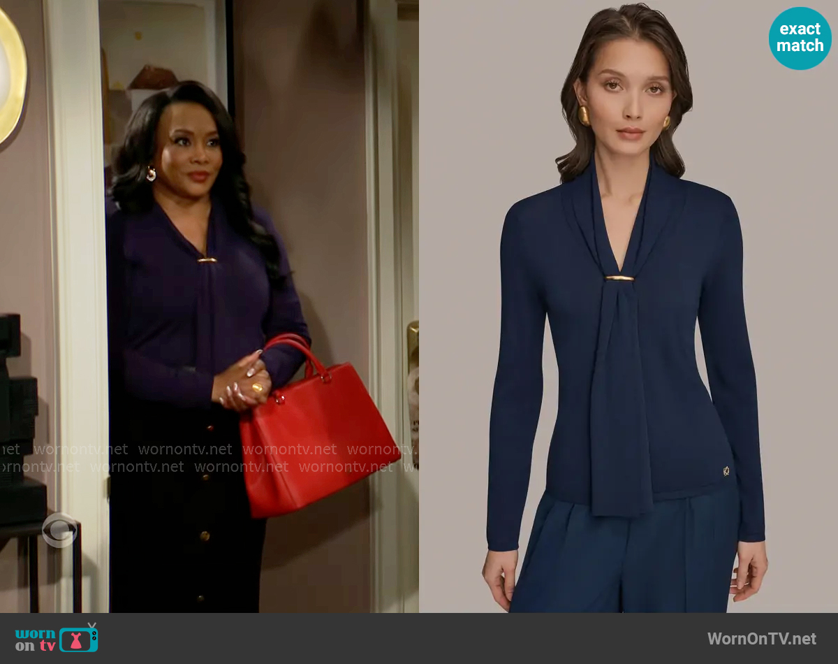 Donna Karan Draped Scarf Sweater in Nightfall worn by Stephanie (Vivica A. Fox) on The Young and the Restless