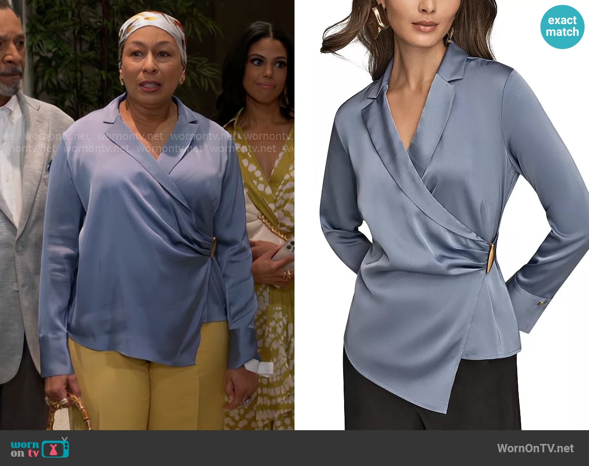 Anita’s blue wrap blouse on Beyond the Gates Anita’s blue wrap blouse on Beyond the Gates